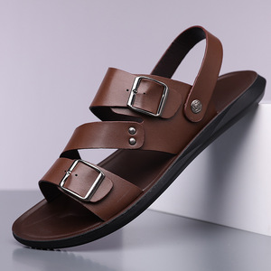 Sandales à lanières croisées pour hommes, en cuir véritable, semelle extérieure en caoutchouc antidérapante, décontractées d'été, à bout ouvert, avec boucle, grandes tailles - Product Image 3