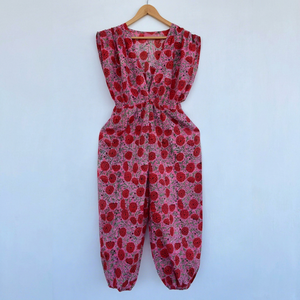 Mono de Algodón Estampado Floral Rosa Premium para Mujer con Cintura Elástica, Mangas con Volantes y Corte Holgado para Uso Casual de Verano B2B - Product Image 1