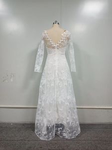 Vestido de Novia de Manga Larga, Color Sólido, con Encaje Transparente - Product Image 6