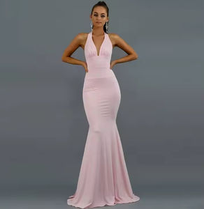 最新设计纯色v领无袖褶边长晚礼服，适合女性透气帝国礼服派对 - Product Image 4