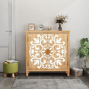 Rustic Wooden Accent Cabinet 2 Door Floral Carved Doors <b>Storage</b> Cabinet for Living Room Entryway Dining Room - Product Image 1