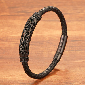 สร้อยข้อมือหนังชุบทองคลาสสิกสำหรับผู้ชาย สายถักสีดำ ของขวัญเครื่องประดับ - Product Image 3