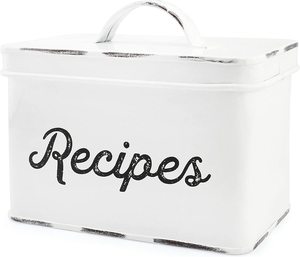 Farmhouse Metal Recipe Box With Cards And Dividers - Large White Vintage Tin Recipe Box With Card Holder In Handle