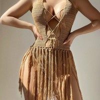Robe de plage en crochet pour femme, cache-maillot de bain à franges, tenue de plage tricotée, tenue d'été pour femme, robe longue cache-maillot de bain