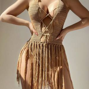 Vestido de Playa de Ganchillo para Mujer, con Borlas, Cubierta de Bikini, Ropa de Playa Tejida, Trajes de Verano, Traje de Baño Sexy, Vestido Maxi - Product Image 3