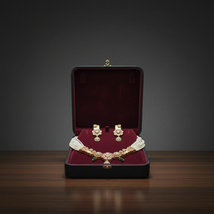 Traditional Gold Tone <b>Choker</b> Necklace Set with Pink Floral Stones Pearl Strands and Matching Drop Earrings Bridal Jewelry - Product Image 4