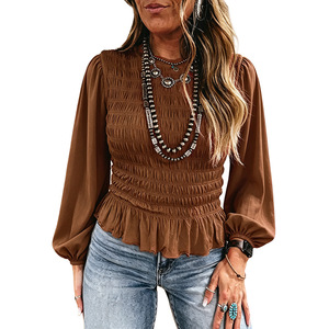 Atacado Nova Blusa Feminina de Outono em Chiffon, com Manga Bufante Longa, Franzido e Smocked, Bainha Peplum, Corte Justo, Estilo <span class=keywords><strong>Casual</strong></span> - Product Image 6