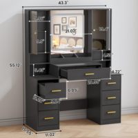 Miroir de maquillage LED en chêne noir ODM/OEM avec éclairage, coiffeuse moderne avec station de charge, 7 tiroirs, armoire en verre pour chambre et hôtel