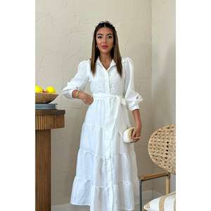 Robe chemise blanche ceinturée avec col rabattu et taille à nouer pour un usage quotidien, en tissu tissé respirant, style décontracté - Product Image 3