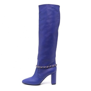 Metal Chain Decor <b>Rope</b> Strap Women Long Booties High Chunky Heel Pointed Toe Shoes on Knee High Knight Boots - Product Image 5