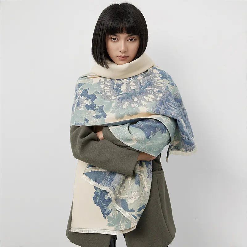 Terbaru kustom lembut akrilik imitasi syal kasmir untuk wanita musim dingin memakai membungkus elegan pola bunga syal pasmina wanita