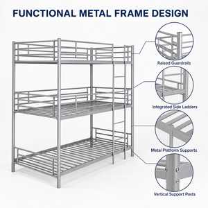 3 Tier Metal <strong>Bunk</strong> <strong>Bed</strong> 200x90cm <strong>Triple</strong> Sleeper Steel Frame <strong>with</strong> Ladder for Dormitory Hostel Staff Housing - Product Image 3
