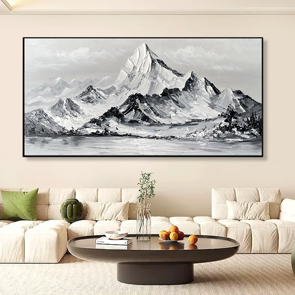 Large Mountain Landscape Painting With Textured Arylic Black and White Palette Knife Canvas Art on Black Frame · image 6