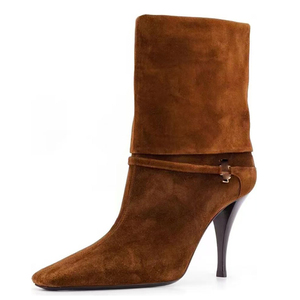 Large Size 46 Women's Metal Buckles Short Boots Spike High-Heeled Pointed Toe Ankle Booties Turn Over Suede <b>Shoes</b> - Product Image 2