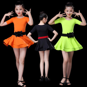 Girls Children's Latin <b>Dance</b> <b>Dress</b> Short Sleeve Chlorinated Fiber Practice Performance Costume Green Black Orange Spring 2017 - Product Image 1