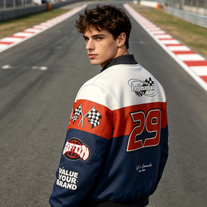 Blouson Bomber d'Hiver pour Homme Style Rétro Course Personnalisé, Coupe-Vent, Protection Anti-UV, avec Logo Patch Drapeau de Course Personnalisé, Multicolore - Product Image 3