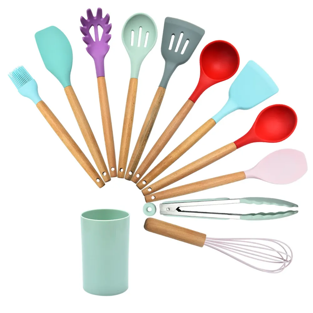 مجموعة أدوات المطبخ, مجموعة أدوات المطبخ الأعلى مبيعًا من Amazon 11 قطعة مجموعة أدوات المطبخ أواني المطبخ من السيليكون مع مقابض خشبية وحامل