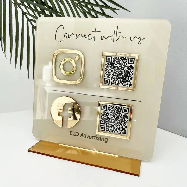 EZD Customize Tabletop Acrylic or wooden Facebook Ins Plaque Gold Qr Code Beauty Sign Business Social Media Sign With Stand