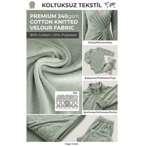Premium 240gsm Sage Green Cotton Knitted Velour Fabric 80/20 Cotton Polyester Roll for Wholesale Garments - Product Image 2