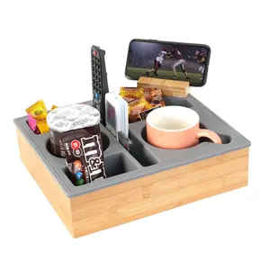 Bamboo Couch caddy Tray Home Handy Silicone Wooden Couch Caddy with Rotatable Phone Remote Control Holder Storage box