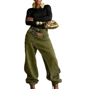 Nuovi <span class=keywords><strong>Pantaloni</strong></span> <span class=keywords><strong>Cargo</strong></span> 2026 in Denim di Cotone Lavato, Asimmetrici e Destrutturati, Gamba Larga, Stile Streetwear, Verde Oliva - Product Image 3