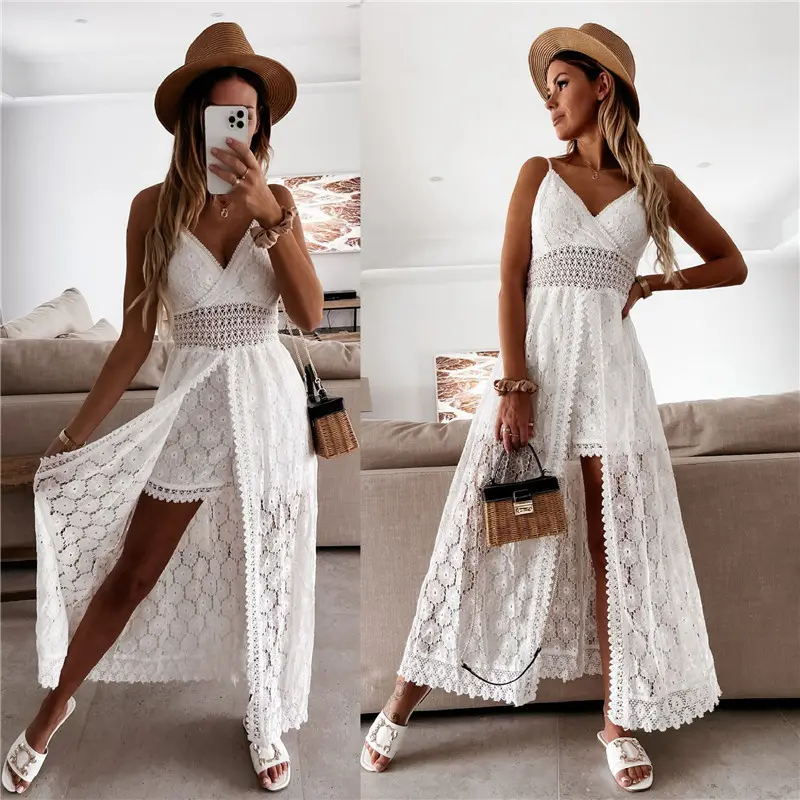 Xuanlang Summer Beachwear Handmade Women Sexy Long Mesh Cardigan in pizzo Kimono Beach Coverup See Through costume da bagno Bikini Cover Up