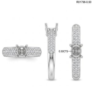 Anillo de compromiso de oro blanco de 18K certificado con solitario, cabeza de catedral, pavé de diamantes de 3 filas y tija en forma de cúpula, para registro de boda - Product Image 5