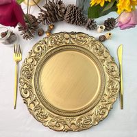 Nouvelles Assiettes de Présentation Rondes en Plastique Doré de 13 Pouces, Réutilisables, de Haute Qualité, en Gros, pour Décoration de Table de Mariage et de Fête