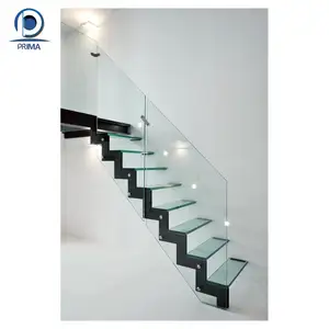 Prima Modern ev yüzer merdiven dekorasyon merdiven tasarım ahşap 12mm cam merdiven ile sabitleme basamakları