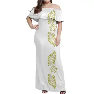 Robe Moulante Sans Manches Foto Wanita Gemuk Cantik Polynesian Tribal White Samoa Tapa Floral Print Custom Plus Size Women's Dress