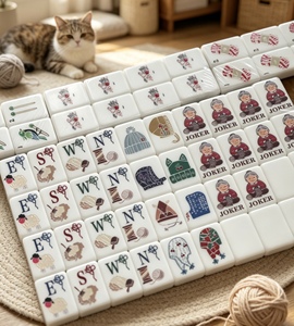 Lujosas y Acogedoras Baldosas de Mahjong Americanas con Patrón de Gatos en Hilo Blanco Crema, Ideales para Clubes Profesionales, Fiestas en Casa, o como Regalo para Abuelas - Product Image 3
