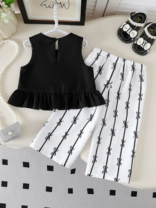 Set Estivo per Bambina OEM ODM, Stile Dolce Nero, 100% Poliestere, Top Senza Maniche in Tessuto Morbido e Pantaloni con Fiocco - Product Image 2