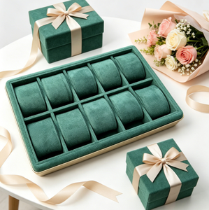 Boîte de rangement carrée en cuir vert à 10 compartiments pour bijoux, avec doublure en flanelle, présentoir pour montres - Vente flash - Product Image 3