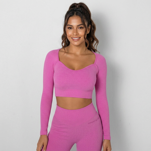 Haut court côtelé rose à manches longues et col carré pour femme – Idéal yoga, extensible, couleur unie, coupe ajustée, respirant, recyclable - Product Image 1