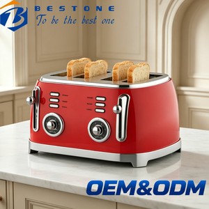 BESTONE 4-Slice <b>Toaster</b> Red Metal Housing With Defrost Reheat Cancel Function Mechanical Timer Household Use - Product Image 1