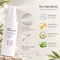 Spray solaire minéral végétalien Lance OEM/ODM à marque privée SPF50, protection solaire à large spectre, résistant à l'eau pour peaux grasses