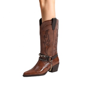 <span class=keywords><strong>Bottes</strong></span> de cow-boy brodées sur mesure OEM, hauteur genou, pour femmes, design western cowgirl, chaîne amovible, hauteur accrue, automne-hiver - Product Image 2
