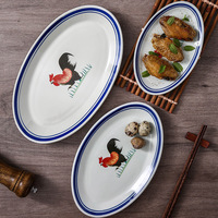 Assiette en céramique rétro bleue et blanche en porcelaine, motif coq, pour hôtels, vaisselle de table, assiette à riz, vente en gros