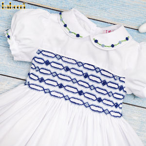 <b>White</b> Traditional Hand Smocked Casual 100% Cotton Geometric Pattern Nontoxic Flame Retardant <b>Dress</b> <b>Girls</b> 6 Months-6 Years CPSIA - Product Image 1