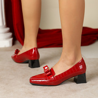 Chaussures de bureau pour femmes en cuir verni à bout carré, talons carrés de 4,5 cm, grande taille, à enfiler, antidérapantes, avec nœud