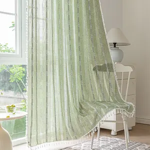 Tecido de tecido para cortinas de chuveiro de mesa personalizado com borla, tecido boho com aparência de linho jacquard e poliéster, em oferta
