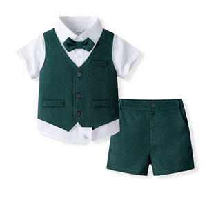 Catpapa – Ensemble 4 pièces pour garçons : Chemise à manches courtes, gilet uni, short et nœud papillon – Tenue de mariage pour page d'honneur – Vente en gros - Product Image 5