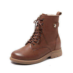 Botas retro de cuero de vaca marrón a media pantorrilla para mujer, transpirables, con cremallera, planas, con forro de piel sintética, que aumentan la altura, zapatos de invierno - Product Image 3