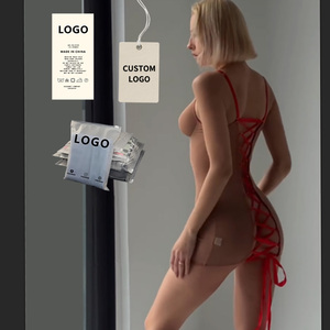 Conjunto de lencería de malla transparente con encaje, mono con lazo rojo, ropa de dormir sin espalda para mujer, vestido de noche seductor - Product Image 1