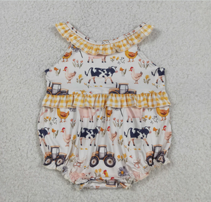 Sibling Baby Girls Pigs Cows Tunic Checked Ruffle Short Farm <b>Clothes</b> Set Rompers - Product Image 3