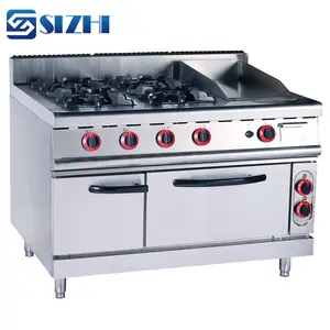 Fornecimento comercial cozinha equipamento de gás 4 queimador escala fogão com gridle a gás e forno elétrico