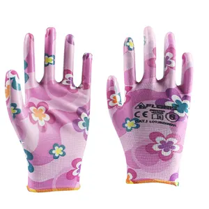Durable 13 Polyester Nylon Nitrile Coated On Palm Printing Flower Garden Cheap Work Oilfield Hand Gloves