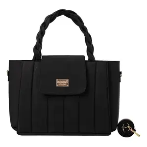 Bolso de mano con solapa para mujer Fana Kaira, material de poliuretano negro, asa trenzada, estilo informal - Product Image 1