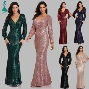 Women Ladies Elegant prom Dresses Party Sequin Long Sleeved Evening Dress Fishtail Mother Of Bride Wedding Casual Dress