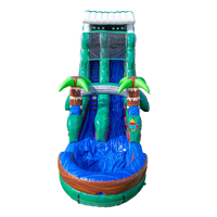 Toboggan aquatique gonflable Jungle Tropicale Palmier avec toit ondulé texture bois vert pour location de fête estivale